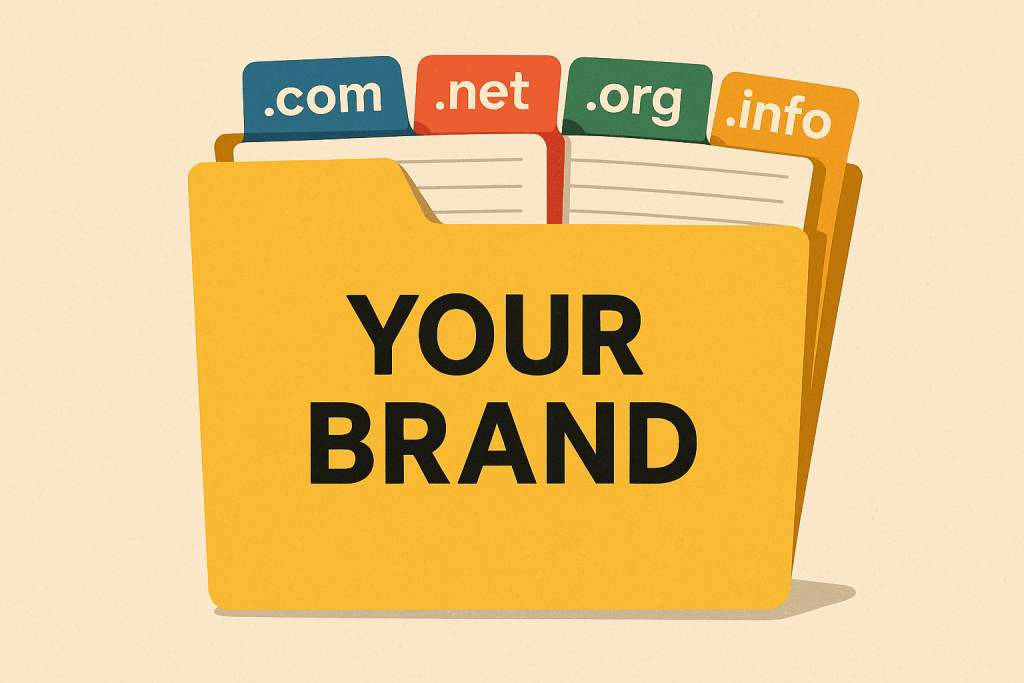 A yellow folder labeled "Your Brand" with cards sticking out of it with the domain zones .com, .net, .org, and .info.