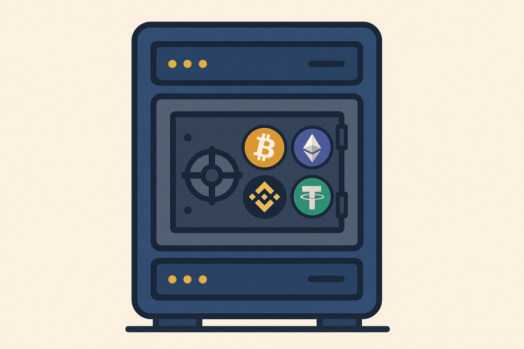 A safe with cryptocurrency symbols Bitcoin, Ethereum, Binance and Tether, symbolizing storing digital assets in a secure environment.