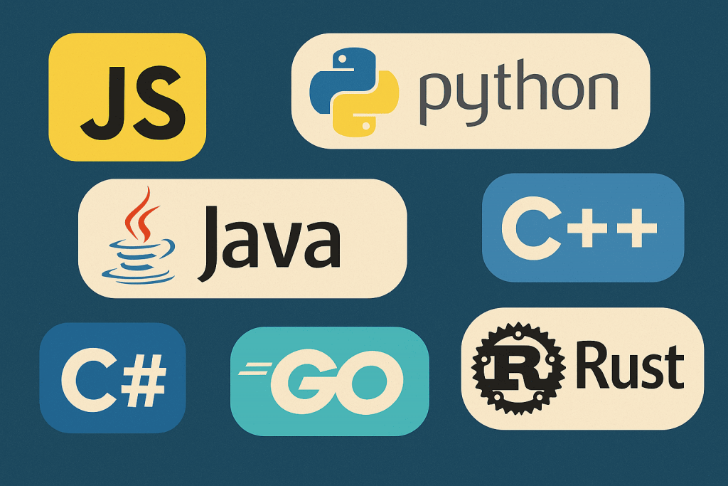 Images with logos of popular programming languages: JavaScript, Python, Java, C++, C#, Go, and Rust.