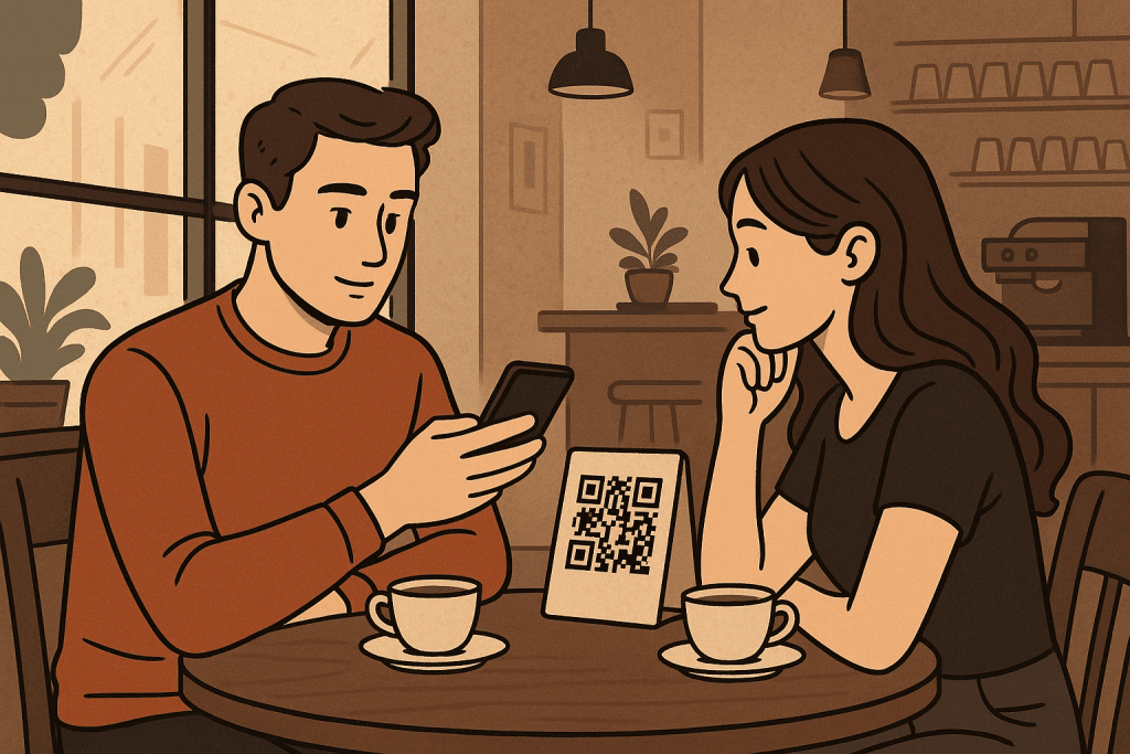 A man and a woman are sitting in a cafe, looking at their phones and scanning a QR code on the table.