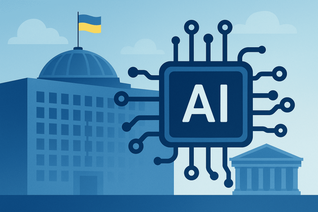 A microcircuit with the inscription AI next to a building under the flag of Ukraine, against the background of government institutions.