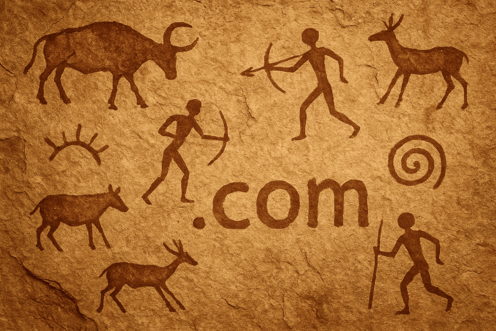 Cave drawings of primitive people with figures of hunters and animals, among which is written ".com".