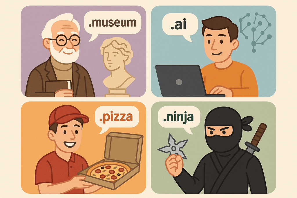 Four people, each associated with different domain zones: museum, artificial intelligence, pizza, and ninja.