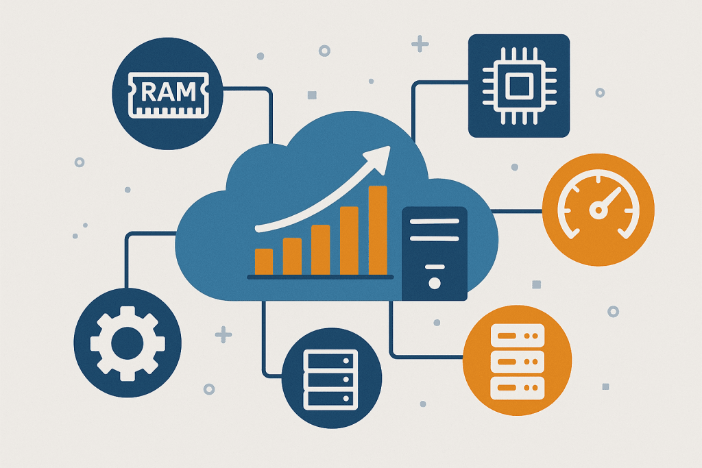 Icons of server components — processor, memory, speed, settings, storage — connected to the cloud and a growth graph.