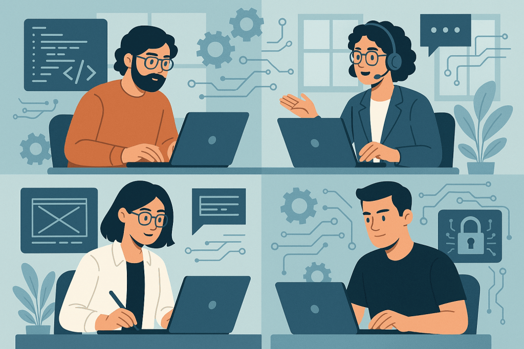 Four specialists work behind laptops: a programmer, a designer, a support specialist, and a cybersecurity expert.