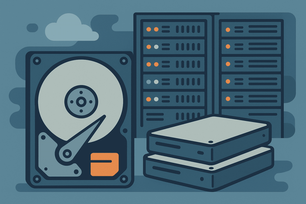 Hard drives and server racks that emphasize storing large amounts of data in the data center.
