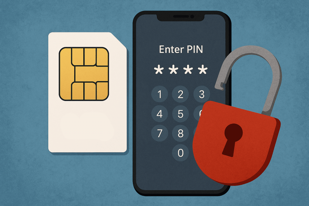 SIM card, smartphone with PIN code input and open red lock icon on blue background.