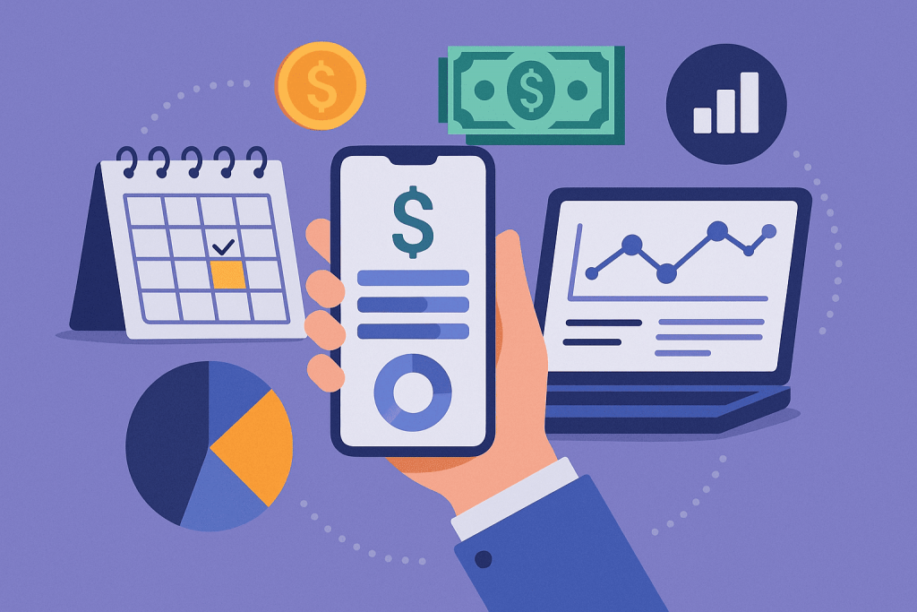 Smartphone with financial app in hand, laptop with graph, calendar, chart and money icons nearby.