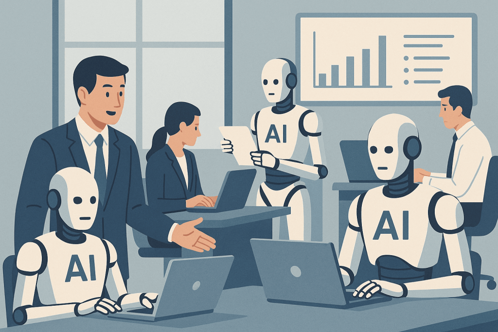 People work together with AI-branded robot assistants in an office environment, collaboratively completing tasks.