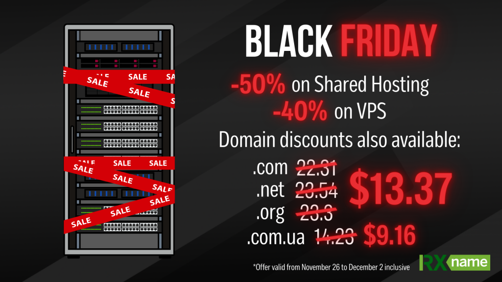On a dark background, a server rack is depicted, wrapped in "SALE" ribbons, next to which is large, bright text about discounts on hosting, VPS, and domains.