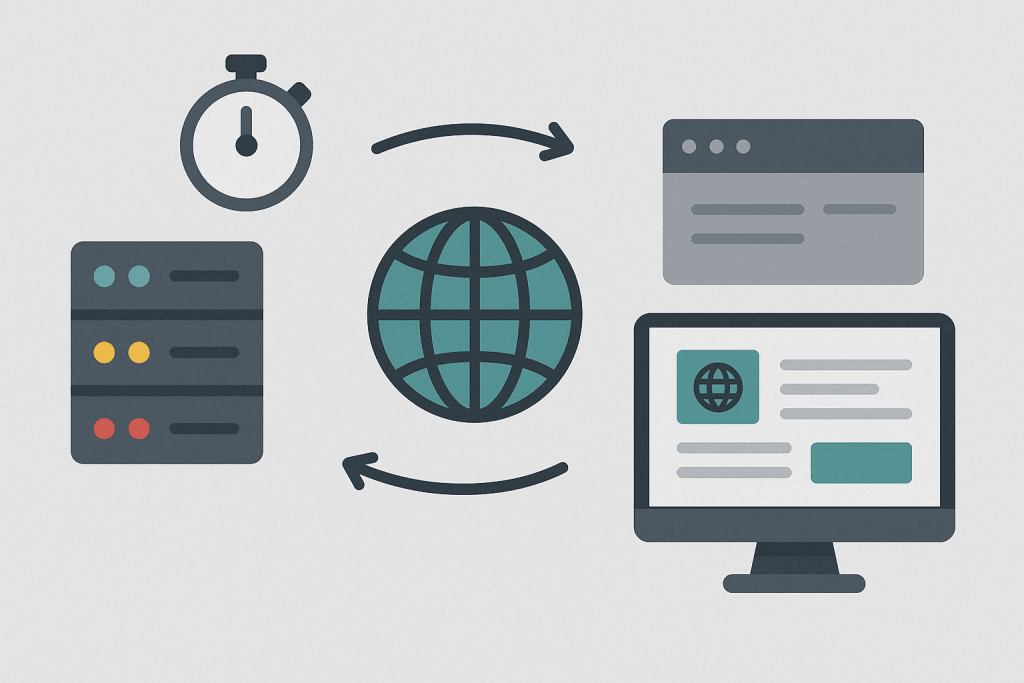 Server, browser, timer, and monitor icons connected by arrows around a globe symbolizing DNS updates.