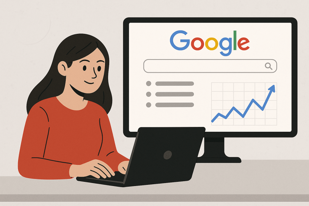 A woman is working at a laptop, and the monitor shows a Google page with a graph of the growth in the popularity of the query.
