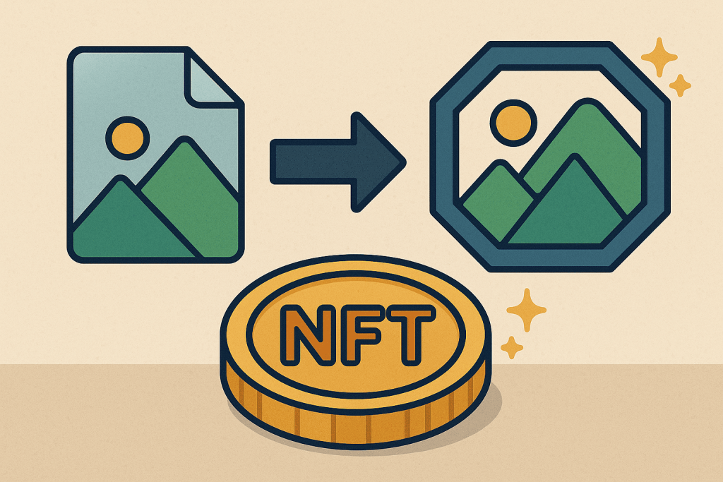 A regular file image is converted into an NFT token with an NFT coin underneath.