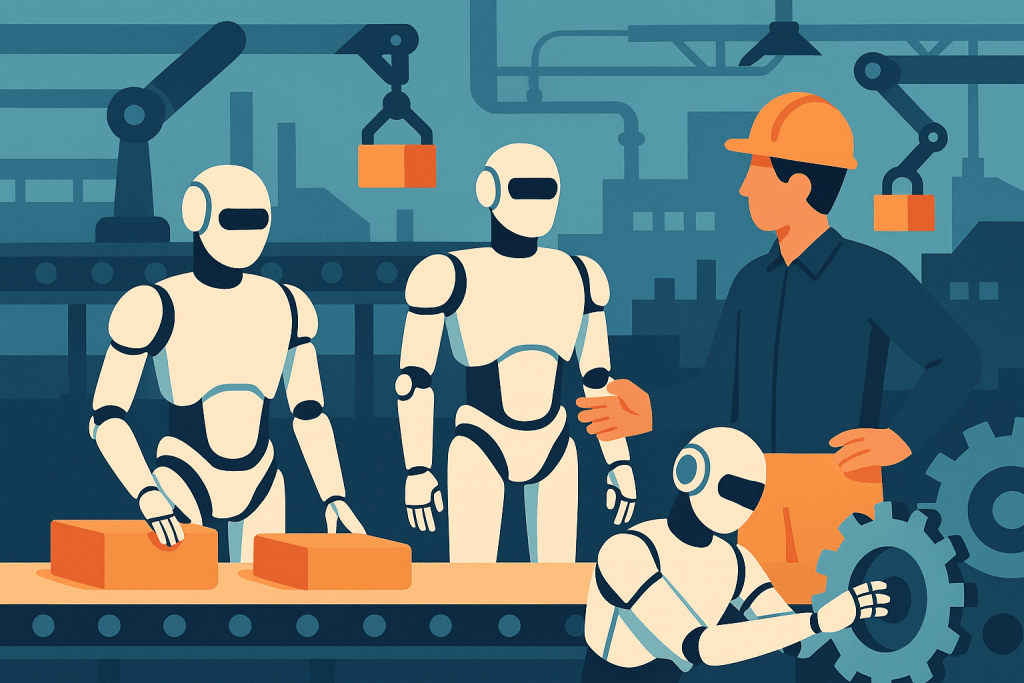 Humanoid robots work alongside an engineer on a production line, performing assembly and technical operations.