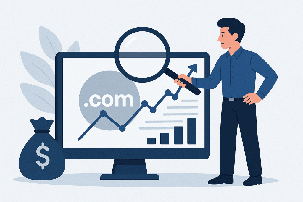 A man holds a magnifying glass in front of a computer screen showing a .com domain and a price growth graph.