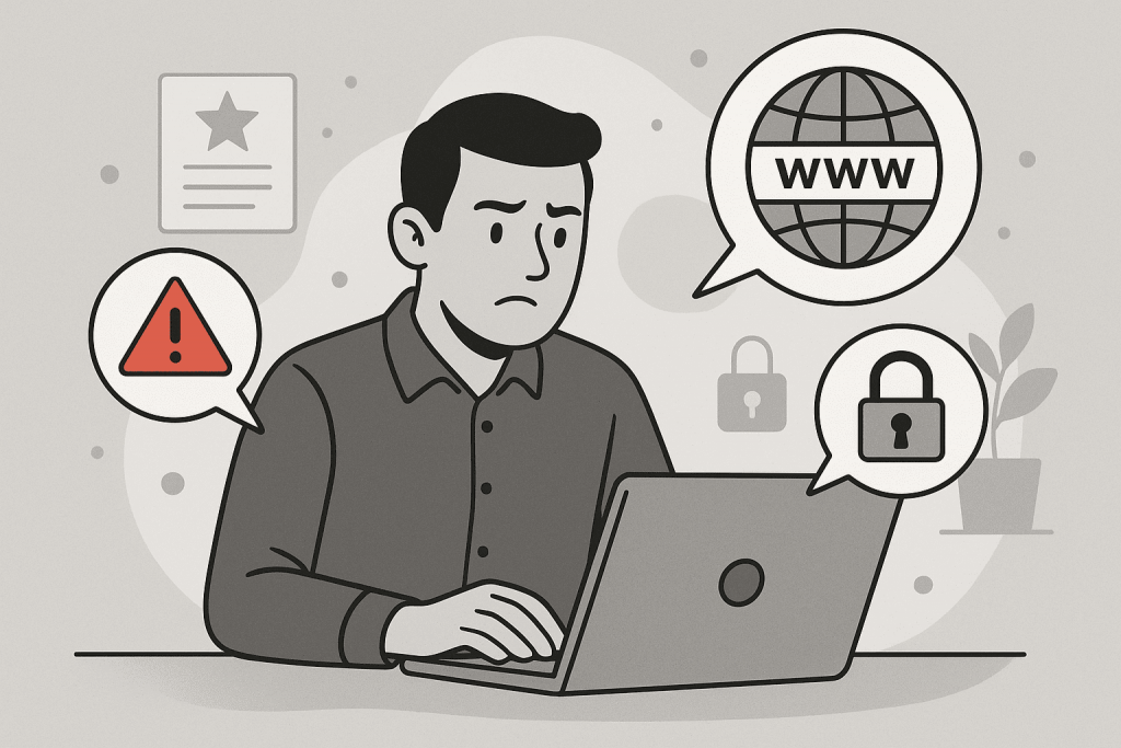 A man at a laptop is worried about a warning about the risks associated with choosing a domain name.