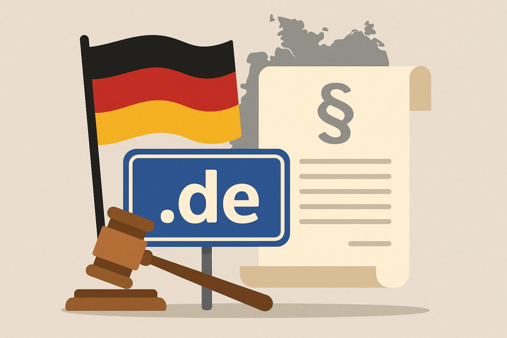 German flag, a sign with the .de domain zone, a gavel and a document with a legal symbol on the background of a map of Germany.