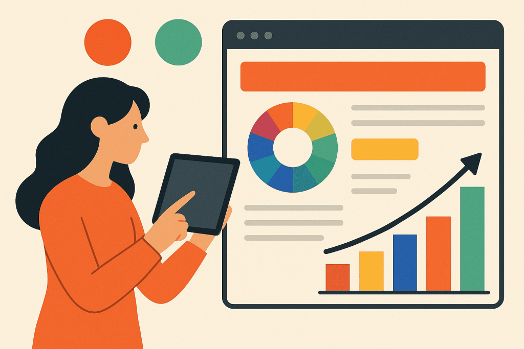 A woman is holding a tablet and looking at the screen with a pie chart and a growing bar graph.