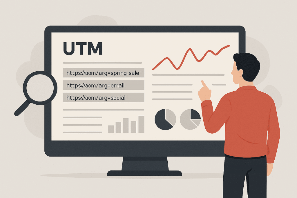 A person stands in front of a monitor with graphs, charts, and examples of links with UTM tags.