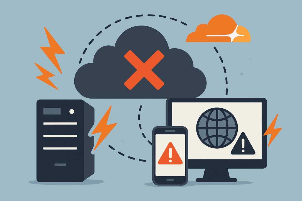 Server, smartphone, and computer show errors during cloud infrastructure failure.