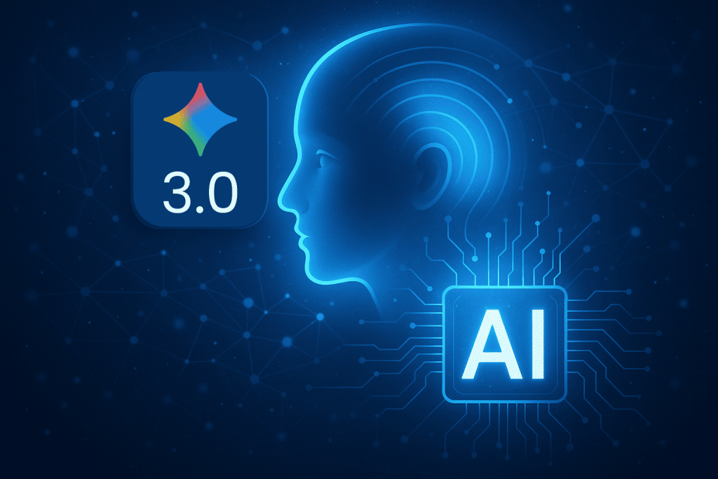 Glowing silhouette of a human profile next to the Gemini 3.0 logo and AI icon with microcircuits on an abstract network background.