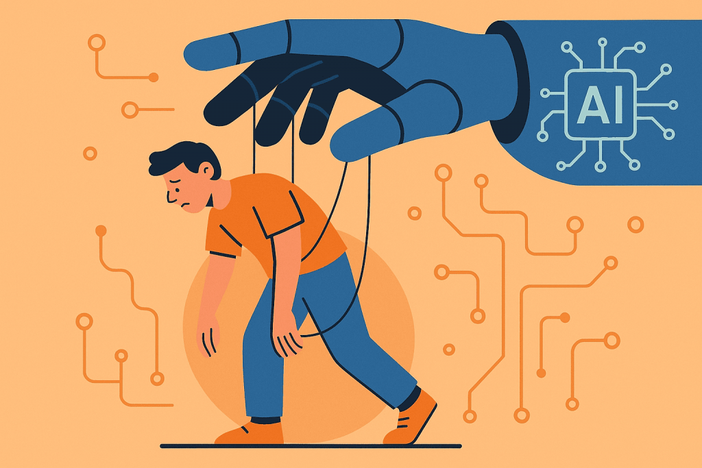 A large mechanical hand with the words "AI" written on it controls a person like a puppet.