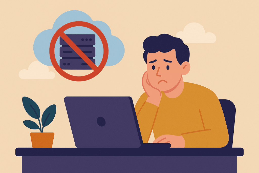 An upset user is sitting at a laptop, and next to it is a server icon crossed out with a prohibition sign.