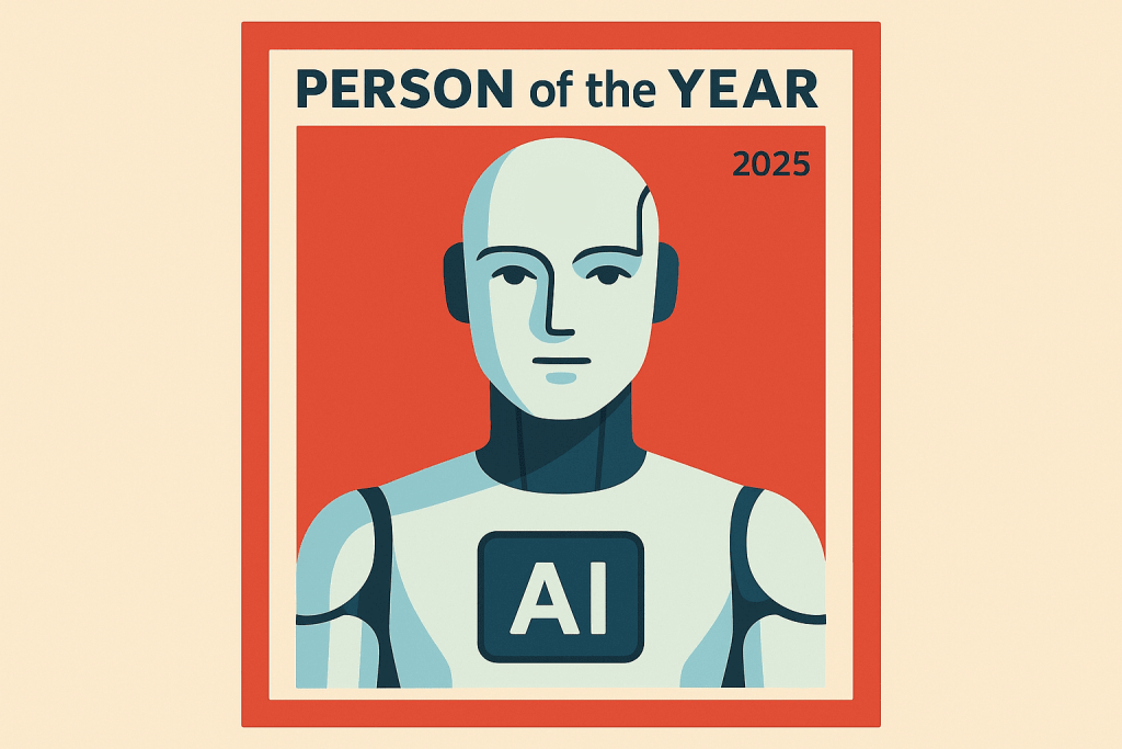 A poster with a robotic character featuring the AI logo, in the context of artificial intelligence possibly being elected Person of the Year.