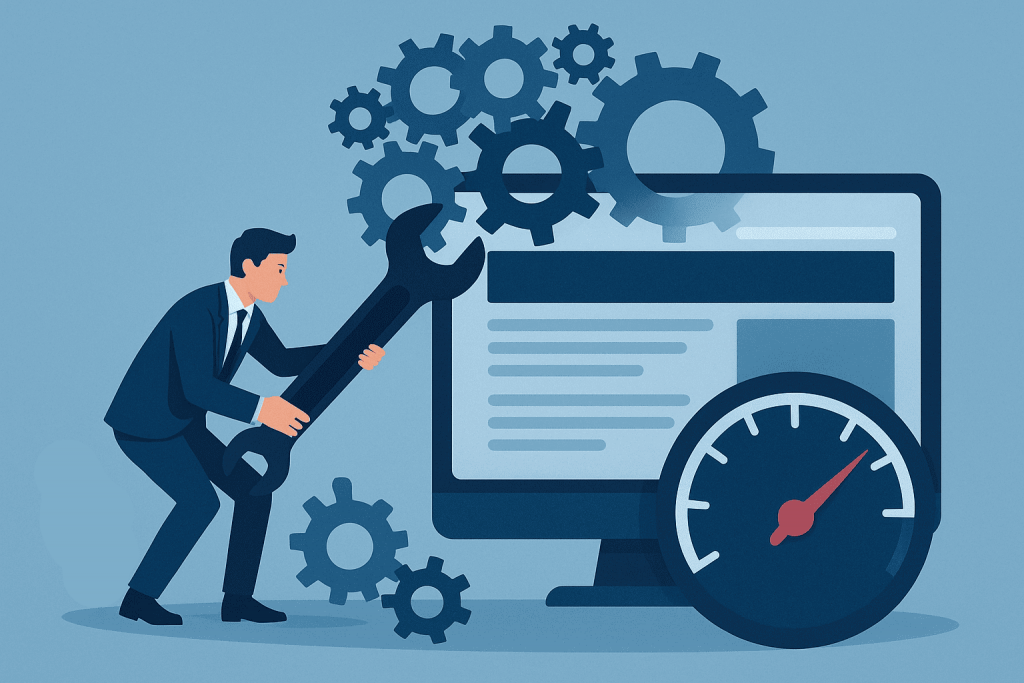 A man with a large wrench adjusts mechanisms near a monitor displaying a web page, next to a speed indicator.