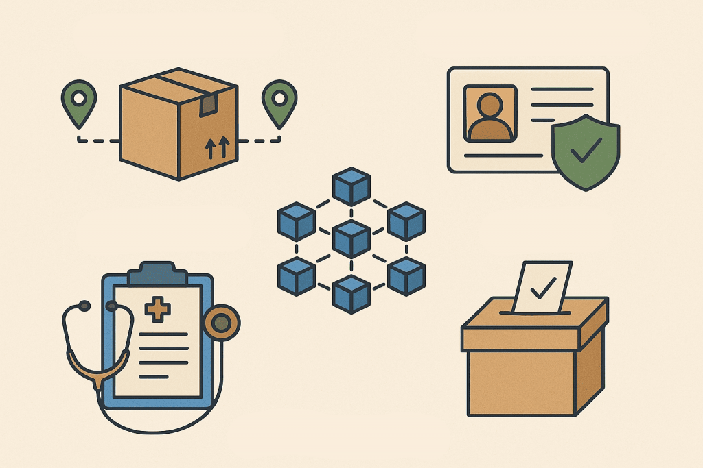 Blockchain applications in logistics, medicine, elections, and digital identification.