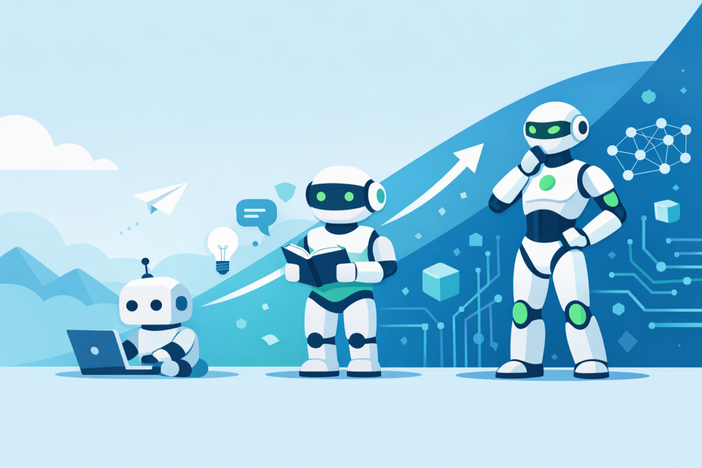 The evolution of artificial intelligence in the form of robots moving from simple tasks to complex analysis and learning.