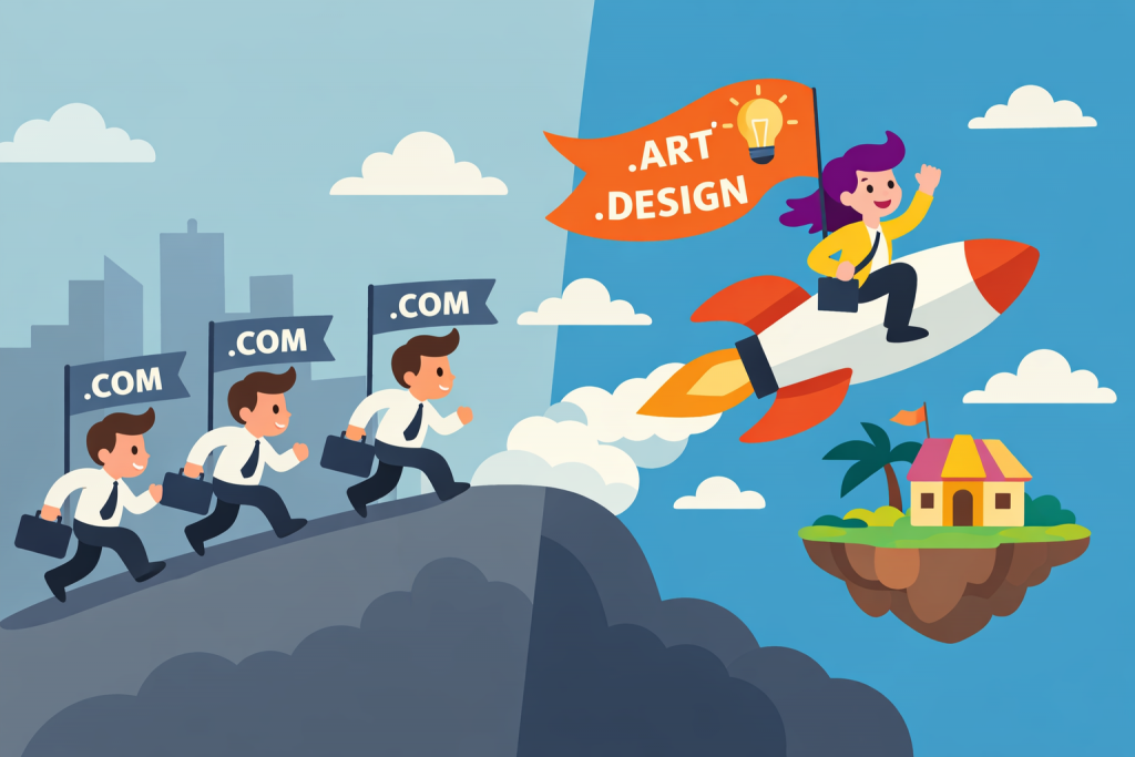 People with .com flags rise up, while a girl flies on a rocket with a “.art, .design” flag towards a separate island with a house, leaving competitors behind.