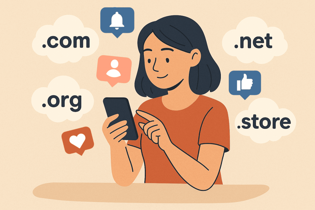 A woman with a phone chooses a domain zone among the options .com, .net, .org and .store.