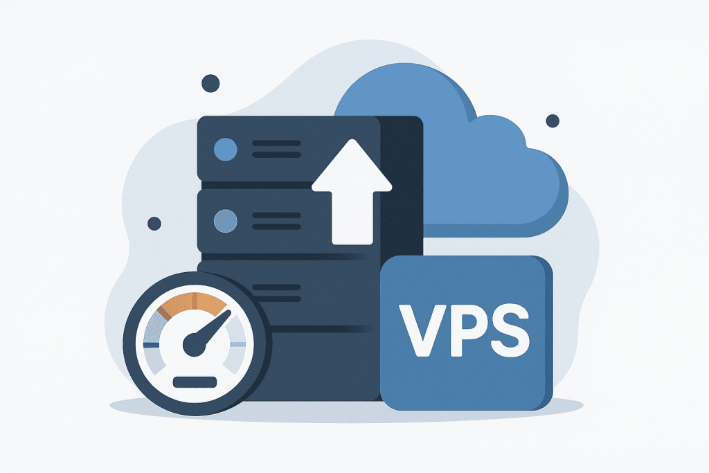 Servers with the VPS mark, acceleration icon, and up arrow symbolizing guaranteed resources and stable performance.