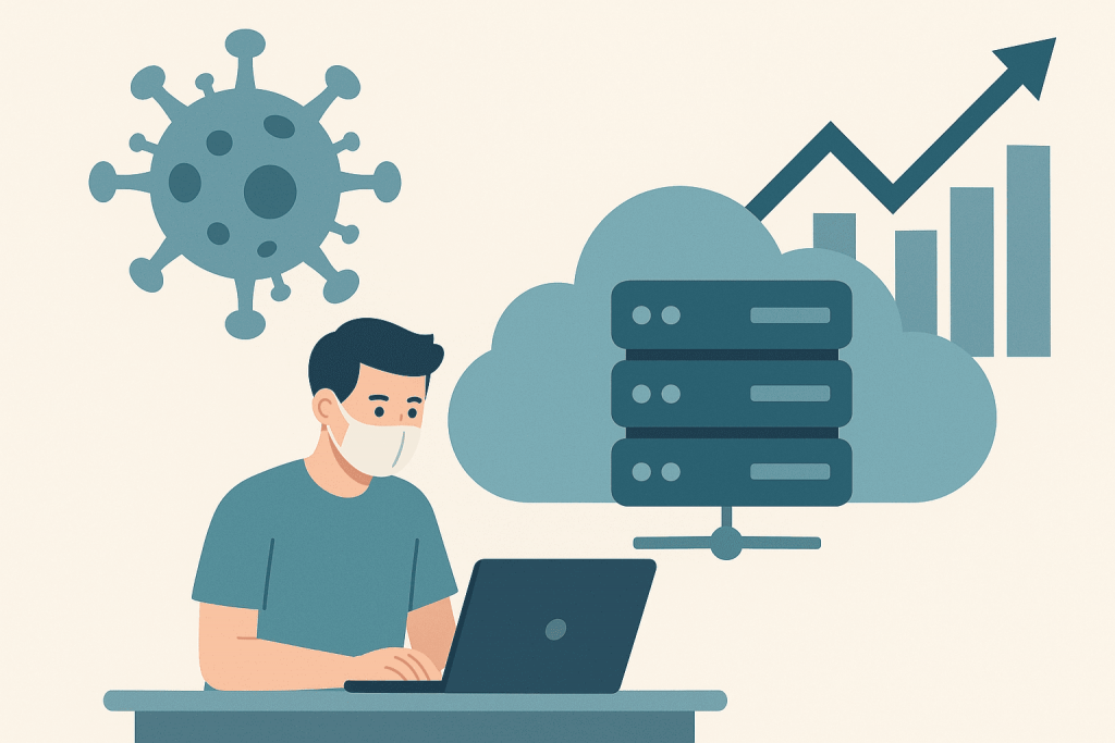 A man in a mask works at a laptop, next to icons of pandemic, cloud infrastructure and growing graphs.