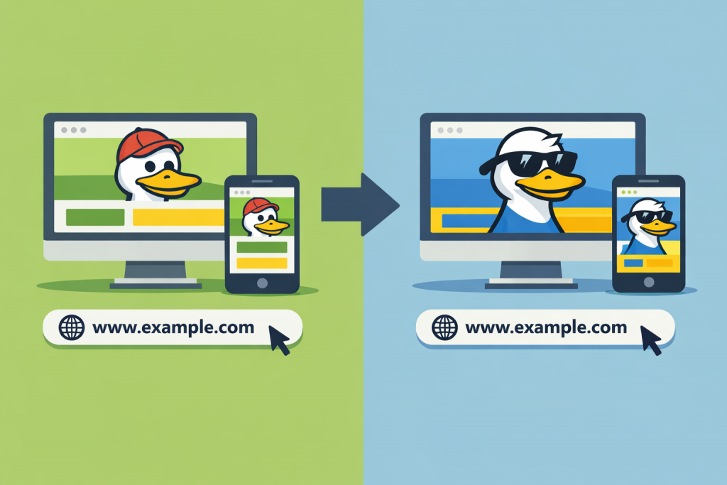 The same site on a computer and smartphone before and after rebranding with an unchanged domain name.