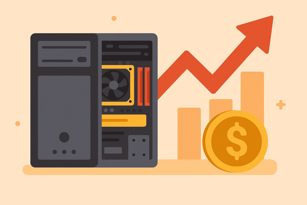 A desktop PC against a background of a growth graph and coins, symbolizing the rise in the price of computer components.