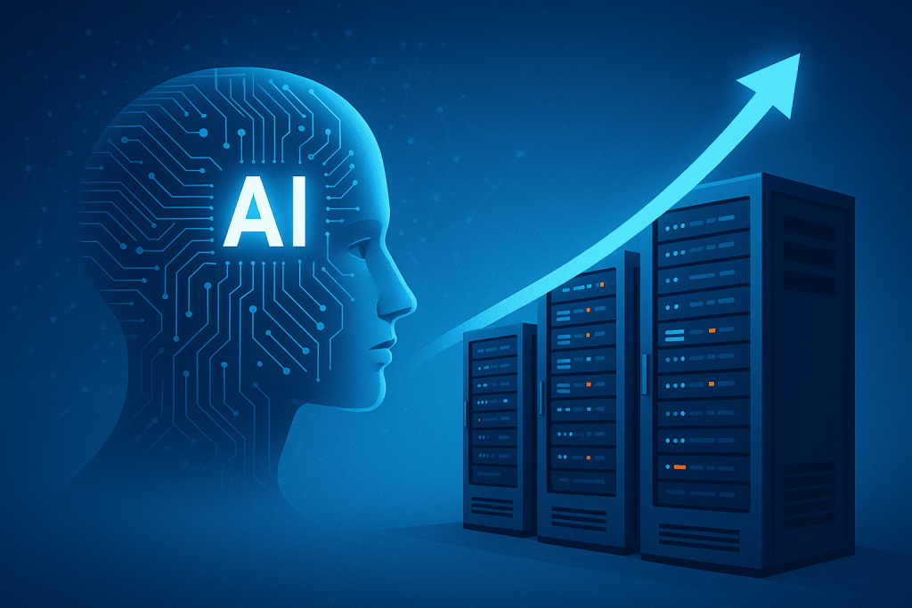 Silhouette of a head with artificial intelligence diagrams next to server racks and a growth arrow symbolizing increasing workloads.