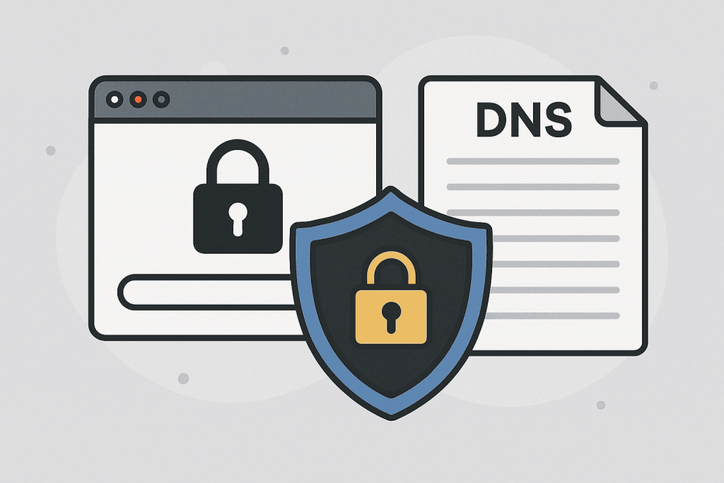 Illustration with symbols of locks, browser and DNS document, conveying the theme of DNS record and website security.