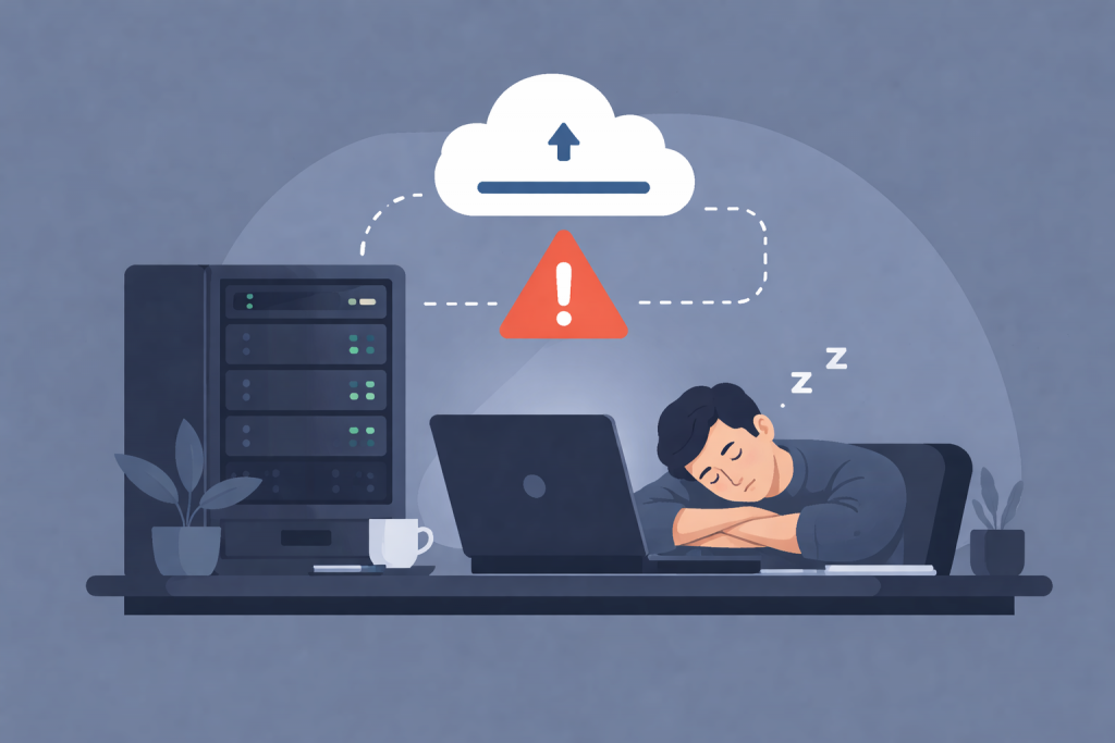 A man is sleeping at his laptop next to a server with a cloud backup shown above it with a warning sign.