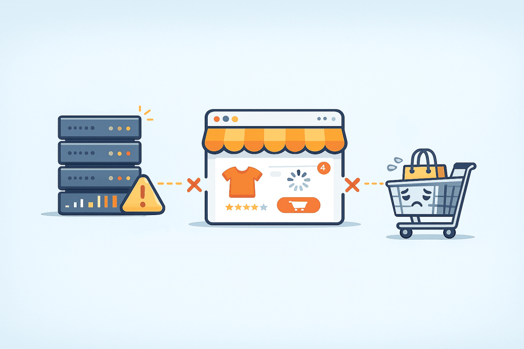 A server with an error, an online store interface with problematic loading, and a shopping cart, symbolizing site failures.