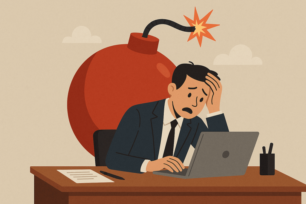 A stressed worker at a laptop, with a large bomb behind him as a symbol of human factor risk.