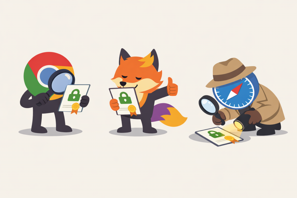 Three characters in the form of Chrome, Firefox, and Safari browsers are checking an SSL certificate: one examines it through a magnifying glass, the second evaluates it favorably, and the third inspects the document in detail with a flashlight.