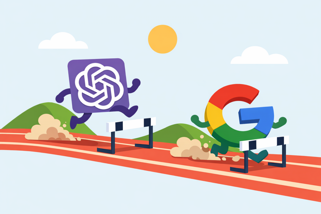 OpenAI and Google logos in the form of characters running along an obstacle course, overcoming barriers on the way, against a backdrop of hills and sky.