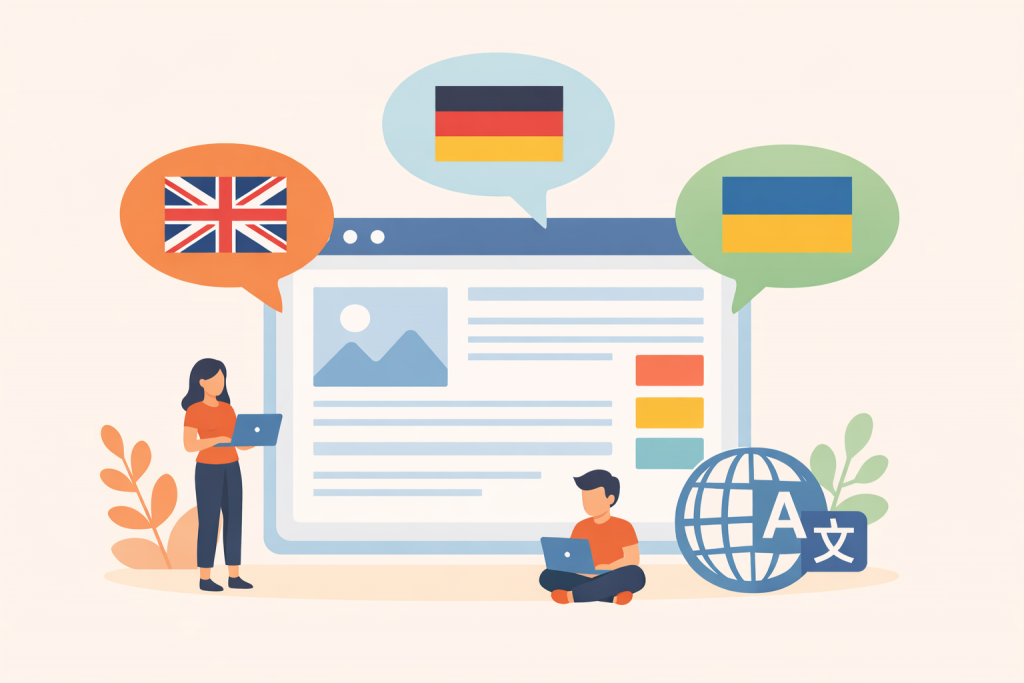 A web page with content in multiple languages, above which language icons with the flags of Great Britain, Germany, and Ukraine are depicted, and nearby users are working with laptops and a language translation symbol.