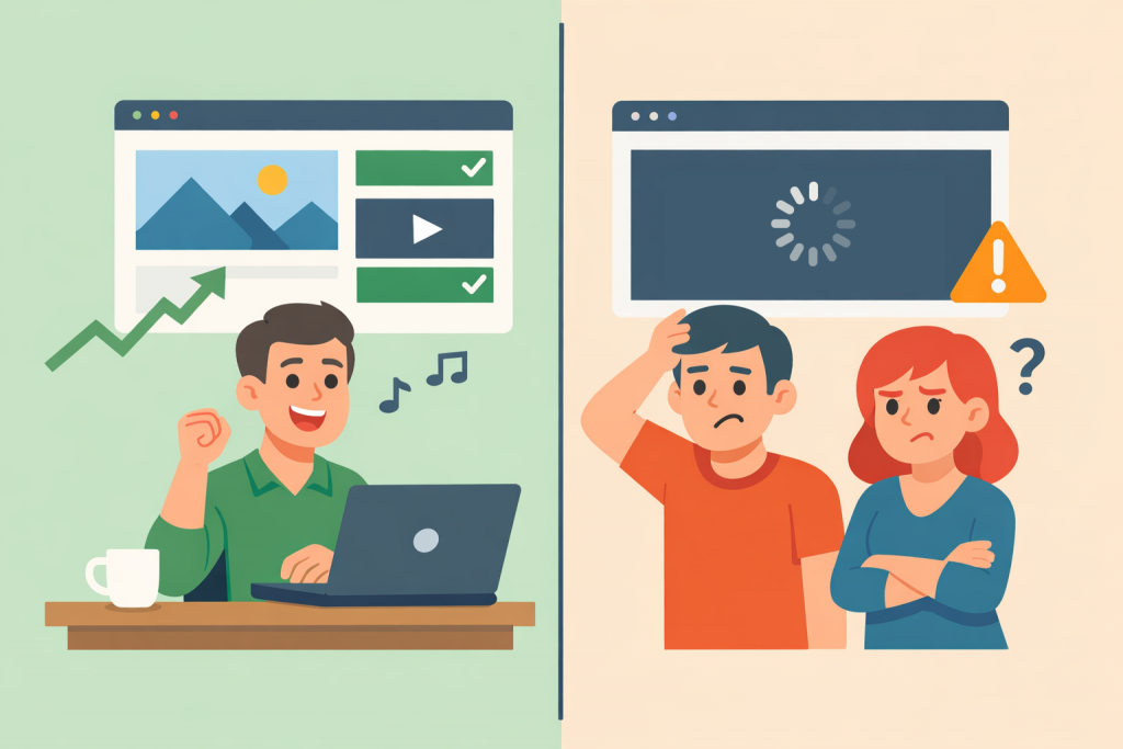The screen is divided in half: on the left, the site owner rejoices in the successful operation of the pages on a laptop with progress marks, on the right, users encounter a loading error, a waiting indicator, and a warning sign.
