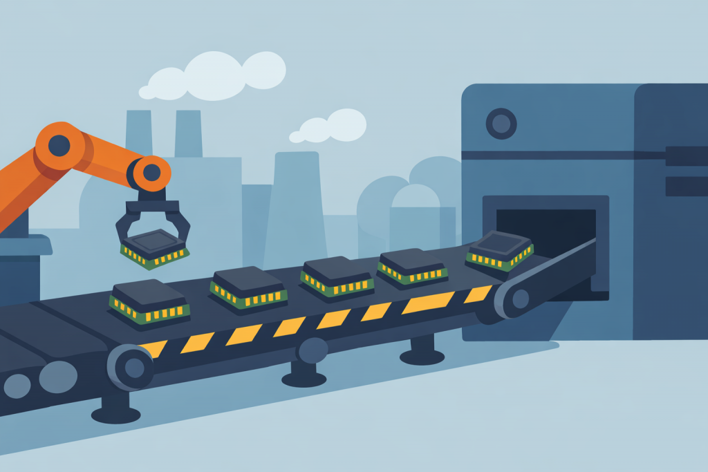 An industrial line with a conveyor on which a robot manipulator moves microchips undergoing processing at a semiconductor manufacturing plant.