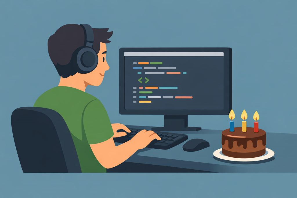A programmer is working on a computer with program code in a working environment, next to him is a cake with candles.