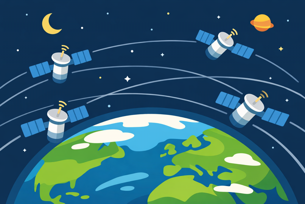 Several satellites move in orbits around the Earth in outer space, transmitting signals against the backdrop of stars, the Moon, and planets.
