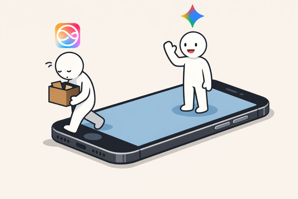 A person exits a smartphone with a data box under the icon of the old voice assistant, while another figure stands on the screen with a new AI symbol, representing modern artificial intelligence.